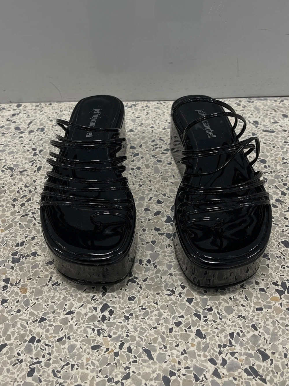 Jeffrey Campbell Black Patent Platform Slide Sandals